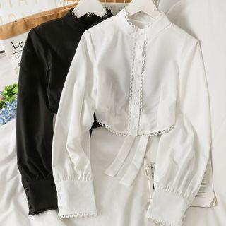 Opened Ribbon-back Lace-trim Crop Shirt