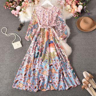 Long-sleeve Floral Print Midi Dress Pink - One Size