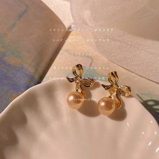 Bow Alloy Faux Pearl Dangle Earring 1 Pair - C-352 - Gold - One Size