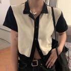 Two-tone Short-sleeve Button-up Knit Top Off-white & Black - One Size
