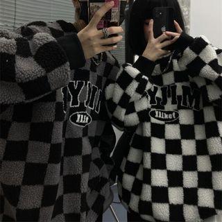 Checkered Letter Embroidered Faux Shearling Sweatshirt