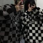 Checkered Letter Embroidered Faux Shearling Sweatshirt