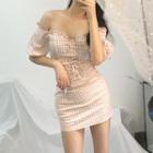 Puff-sleeve Gingham Lace-up Mini Sheath Dress
