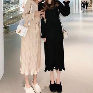 Long-sleeve Ruffled Chiffon Midi Pleated Dress