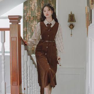 Set: Check Shirt + Belted Midi A-line Overall Dress