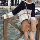 Set: Color Block Sweater + Faux-leather A-line Skirt