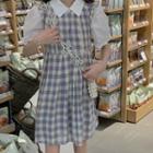 Puff-sleeve Plain Shirt / Plaid Mini Overall Dress