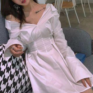 Long-sleeve Plain Mini Shirtdress White - One Size
