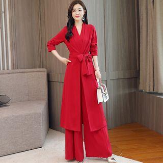 Set: Long Coat + Sleeveless Wide-leg Jumpsuit