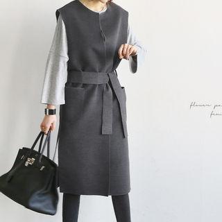 Sleeveless Open-front Coat With Sash