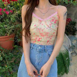 Lace Trim Floral Cropped Camisole Top Beige & Red - One Size
