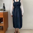 Stitched Long Denim Overall Dress With Sash