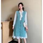 Set: Dotted Long-sleeve A-line Dress + Knit Vest Set - Vest - Aqua Blue - One Size / Dress - Almond - One Size