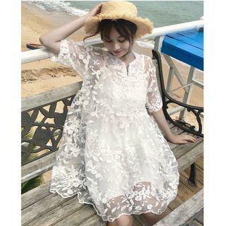 Set: Embroidered Mesh Elbow-sleeve A-line Dress + Slipdress