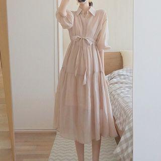 Lantern-sleeve Drawstring Shirt Dress