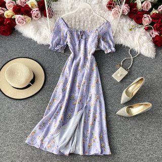 Square-neck Floral Split Dress
