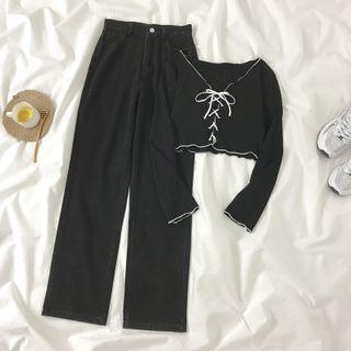 Long-sleeve Lace-up T-shirt / Straight-cut Jeans