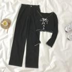 Long-sleeve Lace-up T-shirt / Straight-cut Jeans