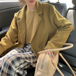 Plain Double-breasted Blazer / Plaid Cropped Straight-fit Pants