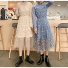 Set: Long Sleeve Mock Neck Top / Star Mesh Spaghetti-strap Dress