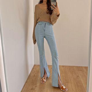 Flap Slit-hem Boot-cut Jeans