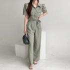 Set: Puff-sleeve Blouse + Tie-waist Pants