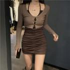 Letter Embroidered Cropped Light Jacket / Spaghetti Strap Ruched Mini Sheath Dress