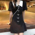 Short-sleeve Contrast Collar Bow-accent Mini A-line Dress Black - One Size