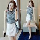 Set: Printed Sleeveless Blouse + Plain Skort