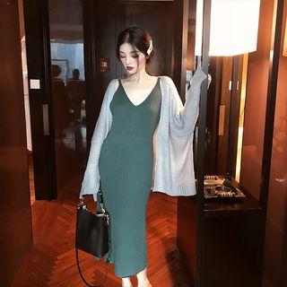 Spaghetti-strap Midi Knit Dress / Open Front Oversized Cardigan