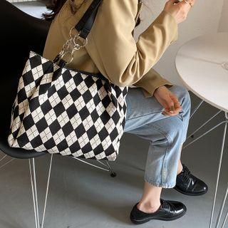 Argyle Print Canvas Tote Bag Black - One Size