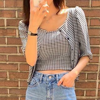Set: Elbow-sleeve Checked Crop Jacket + Sleeveless Top