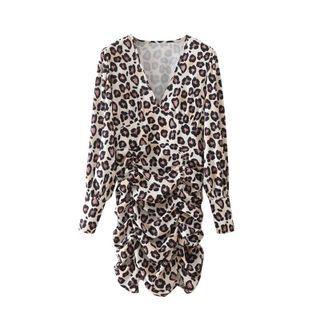 Long-sleeve V-neck Leopard Print Print Ruched Dress