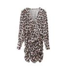 Long-sleeve V-neck Leopard Print Print Ruched Dress