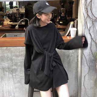 Long-sleeve Tie-front T-shirt Black - One Size