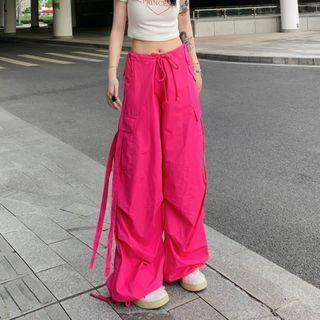 Mid-rise Plain Cargo Wide-leg Pants Rose Pink - One Size