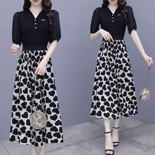 Puff Sleeve Heart Print Panel V-neck Chiffon Dress
