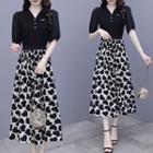 Puff Sleeve Heart Print Panel V-neck Chiffon Dress