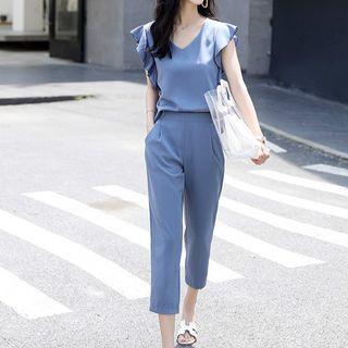 Set: V-neck Ruffle Trim Tank Top + High Waist Cropped Pants