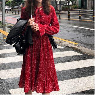 Long-sleeve Dotted Midi Pleated Dress As Shown In Figure - One Size
