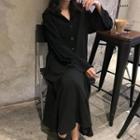 Tie Neck Long-sleeve Midi A-line Dress Black - One Size