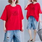 Pig Print Elbow-sleeve T-shirt Red - One Size