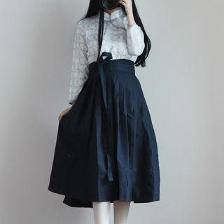 Set: Printed Long-sleeve Hanfu Top + High Waist A-line Skirt Skirt - Dark Blue - One Size / Hanfu Top - White - S