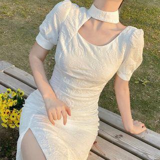 Choker-neck Asymmetrical Puff-sleeve Floral A-line Dress