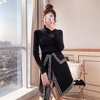 Set: Turtleneck Long-sleeve Knit Top + Studded A-line Skirt