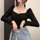 Long-sleeve Ruched Off-shoulder Top Black - One Size