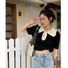 Short-sleeve Collar Crop Knit Top Black - One Size