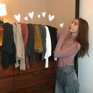 Plain Turtle-neck Long-sleeve Slim-fit T-shirt