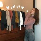Plain Turtle-neck Long-sleeve Slim-fit T-shirt