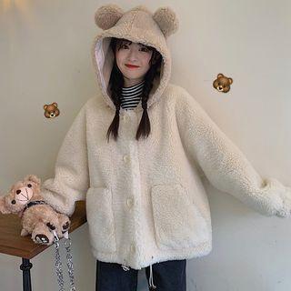 Hooded Bear Ear Faux Shearling Cardigan White - One Size